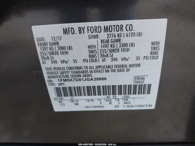 Aukcja sprzedaży 2018 Ford Explorer Xlt, vin: 1FM5K7D81JGA39886, numer aukcji: 44987060