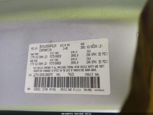 44987073 :رقم المزاد ، 1D7HU16D45J586975 vin ، 2005 Dodge Ram 1500 Slt/laramie مزاد بيع
