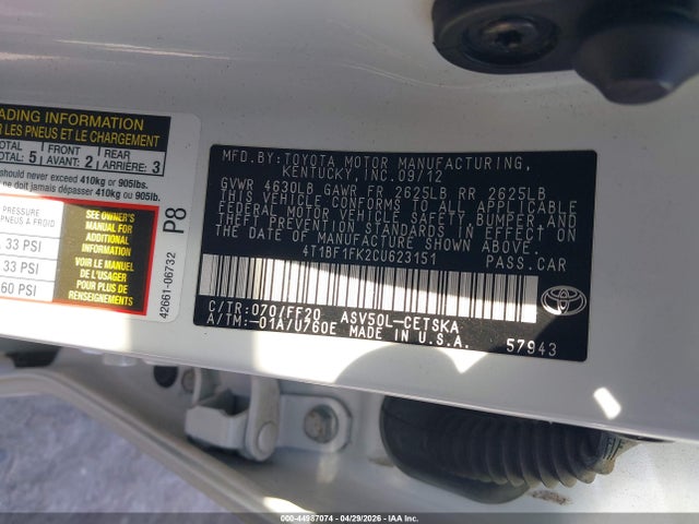 Aukcja sprzedaży 2012 Toyota Camry Se Limited Edition, vin: 4T1BF1FK2CU623151, numer aukcji: 44987074