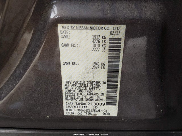 44987077 :رقم المزاد ، 1N4AL3AP8HC213089 vin ، 2017 Nissan Altima 2.5 S مزاد بيع
