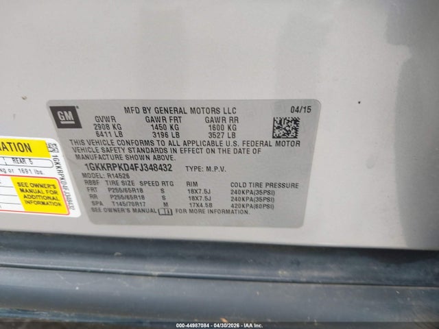 44987084 :رقم المزاد ، 1GKKRPKD4FJ348432 vin ، 2015 Gmc Acadia Sle-2 مزاد بيع