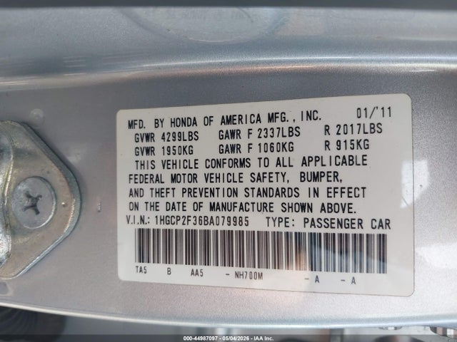 Продажа на аукционе авто 2011 Honda Accord 2.4 Lx, vin: 1HGCP2F36BA079985, номер лота: 44987097