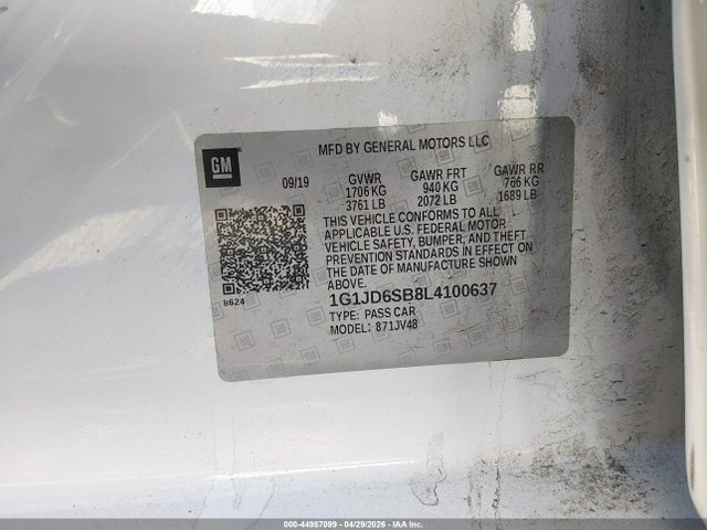 Auction sale of the 2020 Chevrolet Sonic Fwd  Lt 5-door, vin: 1G1JD6SB8L4100637, lot number: 44987099