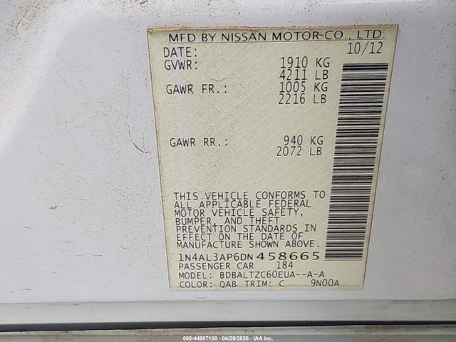 2013 Nissan Altima 2.5 Sv მანქანა იყიდება აუქციონზე, vin: 1N4AL3AP6DN458665, აუქციონის ნომერი: 44987100