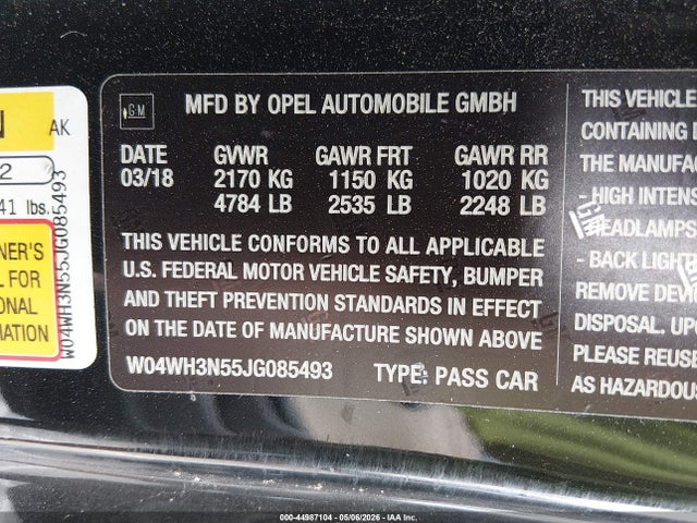 Продаж на аукціоні авто 2018 Buick Cascada Premium, vin: W04WH3N55JG085493, номер лоту: 44987104