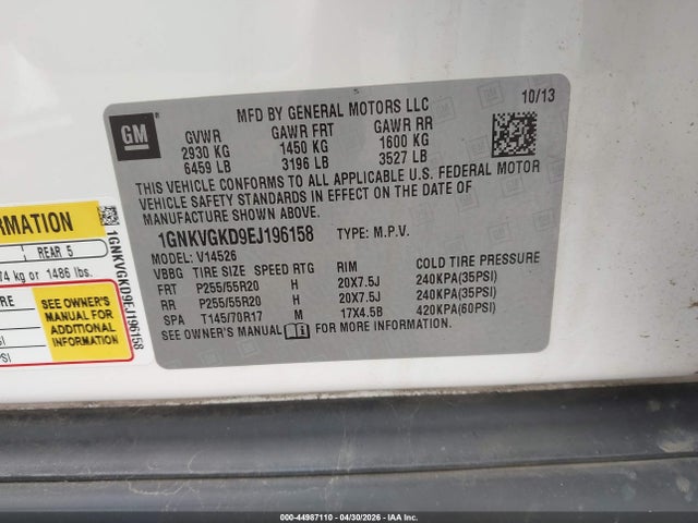 Продажа на аукционе авто 2014 Chevrolet Traverse 1lt, vin: 1GNKVGKD9EJ196158, номер лота: 44987110