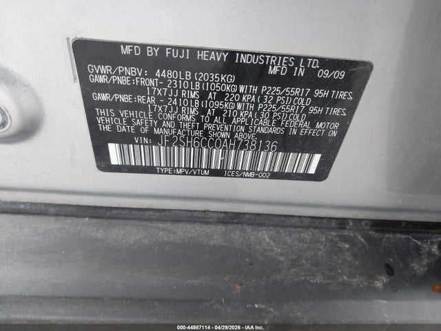 Aukcja sprzedaży 2010 Subaru Forester 2.5x Premium, vin: JF2SH6CC0AH738136, numer aukcji: 44987114