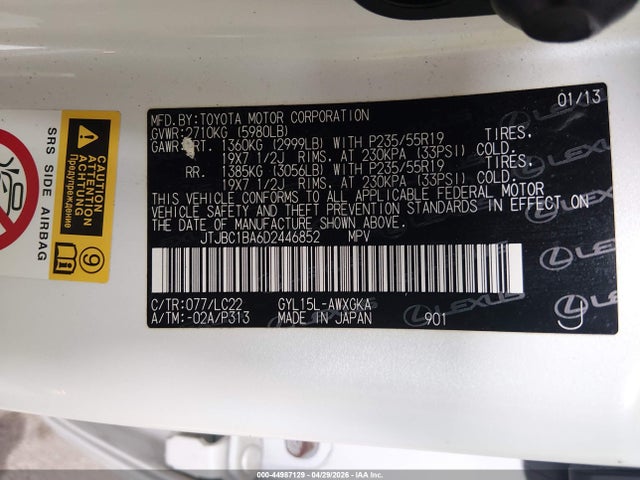 Aukcja sprzedaży 2013 Lexus Rx 450h, vin: JTJBC1BA6D2446852, numer aukcji: 44987129