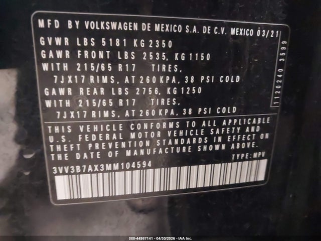 Aukcja sprzedaży 2021 Volkswagen Tiguan 2.0t Se/2.0t Se R-line Black/2.0t Sel, vin: 3VV3B7AX3MM104594, numer aukcji: 44987141