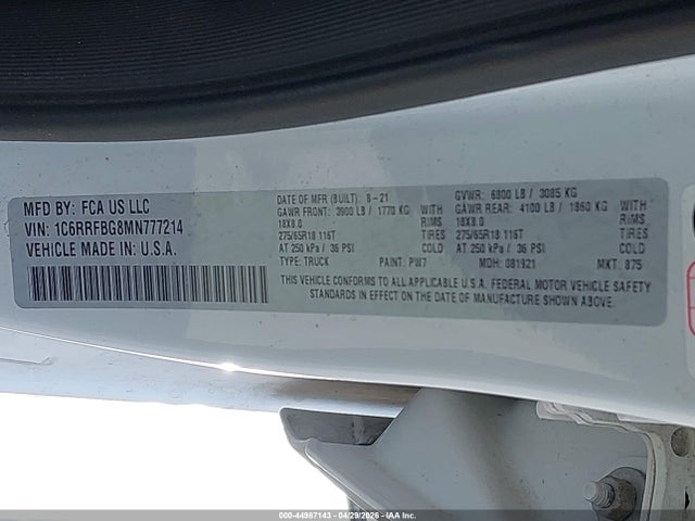 Продажа на аукционе авто 2021 Ram 1500 Big Horn  4x4 6'4 Box, vin: 1C6RRFBG8MN777214, номер лота: 44987143