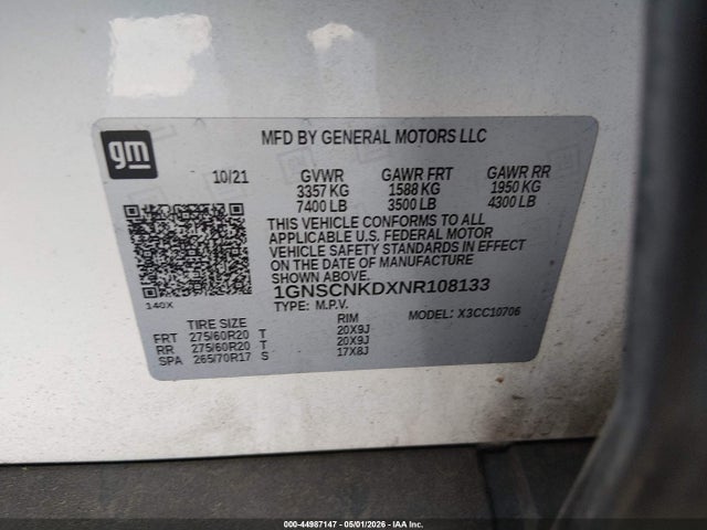 2022 Chevrolet Tahoe 2wd Lt მანქანა იყიდება აუქციონზე, vin: 1GNSCNKDXNR108133, აუქციონის ნომერი: 44987147