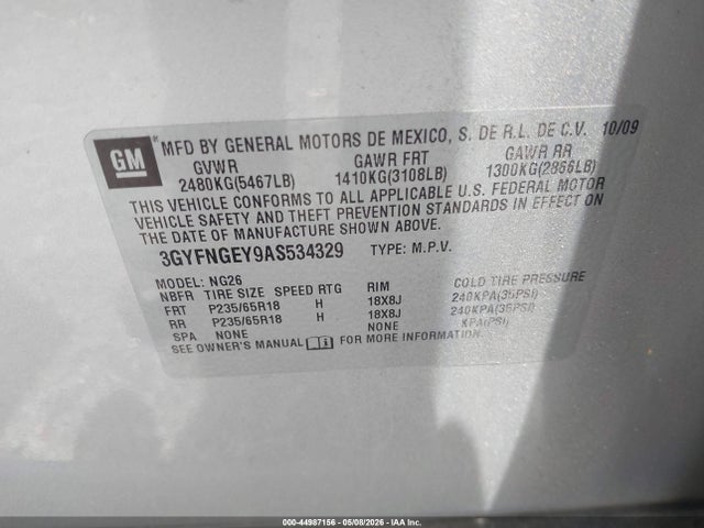 2010 Cadillac Srx Standard მანქანა იყიდება აუქციონზე, vin: 3GYFNGEY9AS534329, აუქციონის ნომერი: 44987156