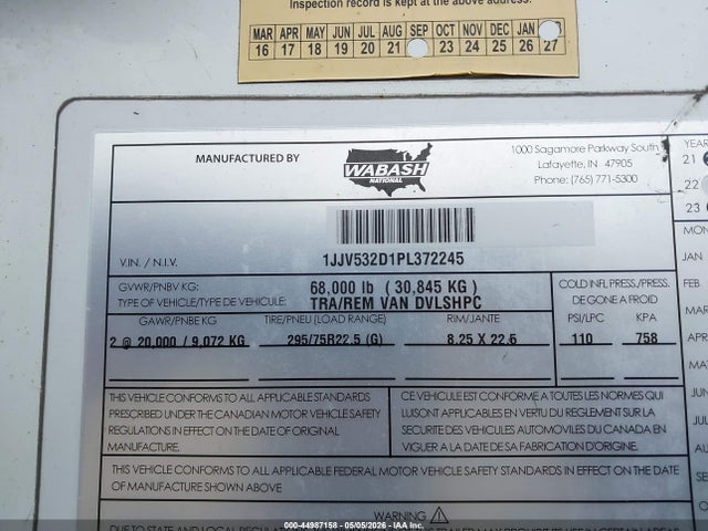 2023 Wabash National Corp Unknown მანქანა იყიდება აუქციონზე, vin: 1JJV532D1PL372245, აუქციონის ნომერი: 44987158