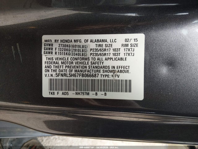2015 Honda Odyssey Ex-l მანქანა იყიდება აუქციონზე, vin: 5FNRL5H67FB066687, აუქციონის ნომერი: 44987161