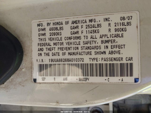 Aukcja sprzedaży 2008 Acura Tl 3.2, vin: 19UUA66268A010372, numer aukcji: 44987162