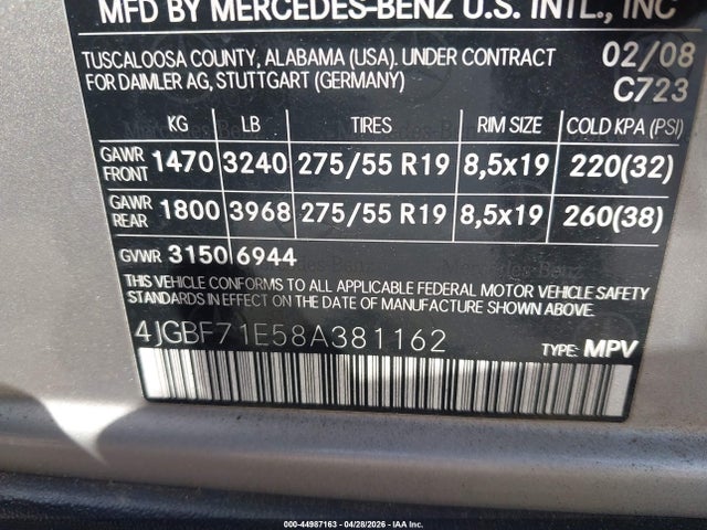 2008 Mercedes-benz Gl 450 4matic მანქანა იყიდება აუქციონზე, vin: 4JGBF71E58A381162, აუქციონის ნომერი: 44987163
