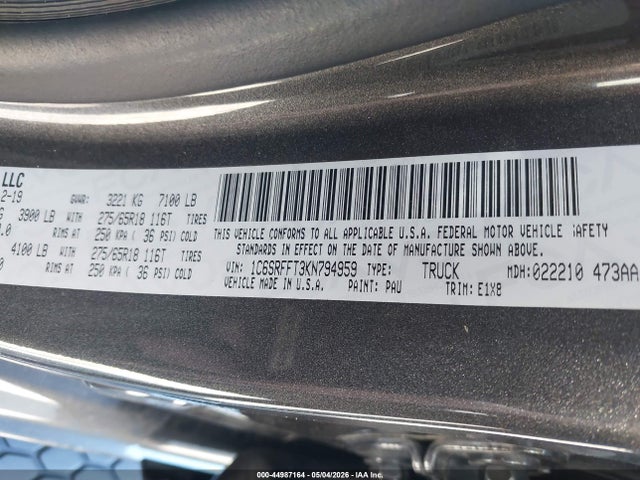 Продажа на аукционе авто 2019 Ram 1500 Big Horn/lone Star  4x4 5'7 Box, vin: 1C6SRFFT3KN794959, номер лота: 44987164