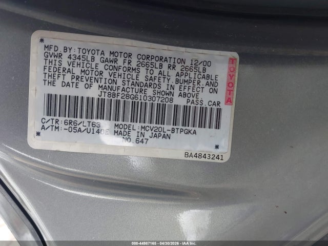 2001 Lexus Es 300 მანქანა იყიდება აუქციონზე, vin: JT8BF28G610307208, აუქციონის ნომერი: 44987165