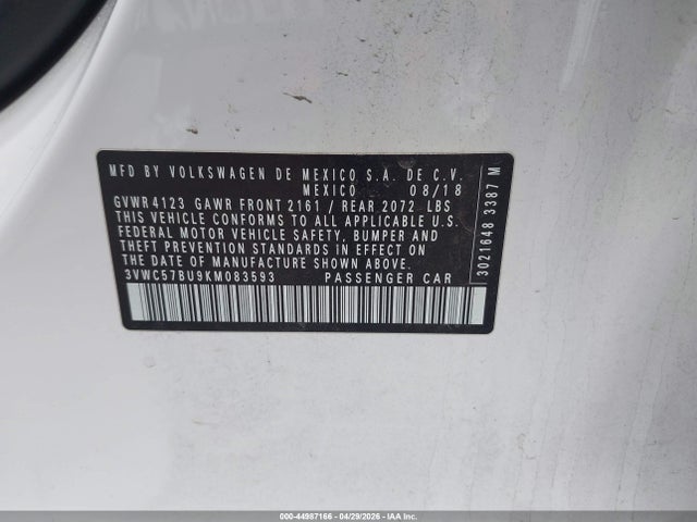 Продаж на аукціоні авто 2019 Volkswagen Jetta 1.4t R-line/1.4t S/1.4t Se, vin: 3VWC57BU9KM083593, номер лоту: 44987166