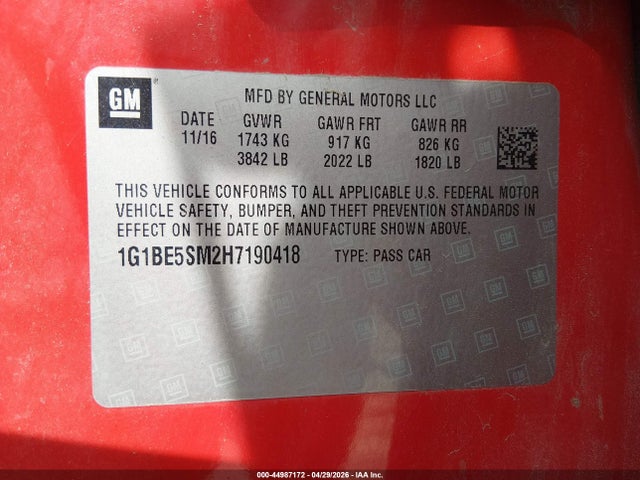 1G1BE5SM2H7190418 Chevrolet Cruze Lt Auto
