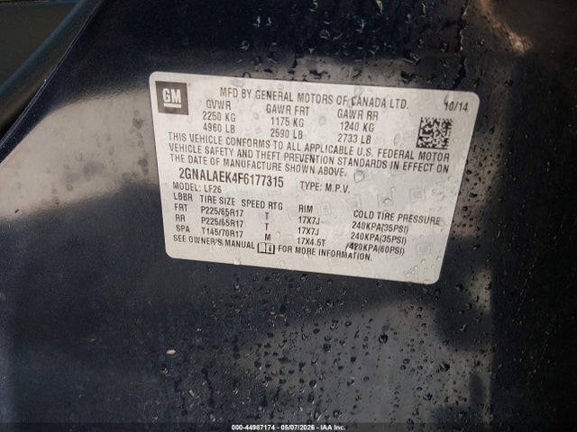 44987174 :رقم المزاد ، 2GNALAEK4F6177315 vin ، 2015 Chevrolet Equinox Ls مزاد بيع