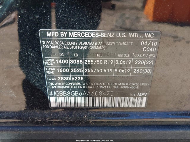 Auction sale of the 2010 Mercedes-benz Ml 350 4matic, vin: 4JGBB8GB6AA608475, lot number: 44987183