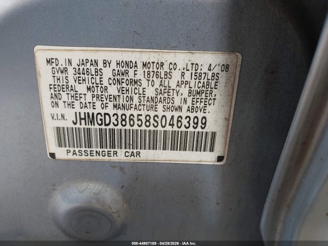 44987189 :رقم المزاد ، JHMGD38658S046399 vin ، 2008 Honda Fit Sport مزاد بيع