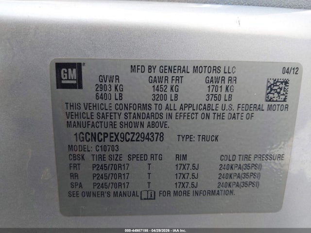 44987198 :رقم المزاد ، 1GCNCPEX9CZ294378 vin ، 2012 Chevrolet Silverado 1500 Work Truck مزاد بيع