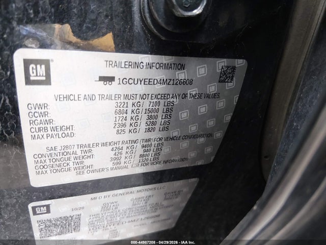 Продажа на аукционе авто 2021 Chevrolet Silverado 1500 4wd  Short Bed Rst, vin: 1GCUYEED4MZ126608, номер лота: 44987208