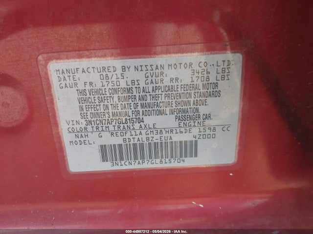 Aukcja sprzedaży 2016 Nissan Versa 1.6 S/1.6 S+/1.6 Sl/1.6 Sv, vin: 3N1CN7AP7GL815704, numer aukcji: 44987212