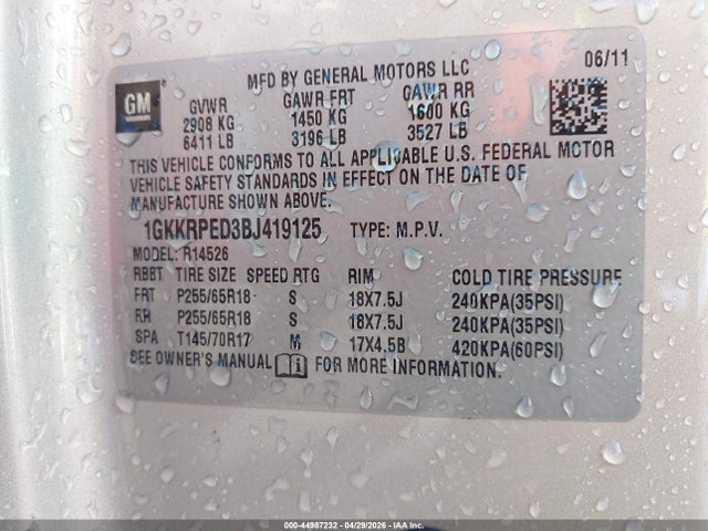 44987232 :رقم المزاد ، 1GKKRPED3BJ419125 vin ، 2011 Gmc Acadia Sle مزاد بيع