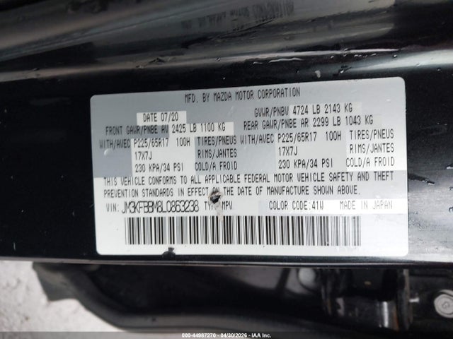 44987270 :رقم المزاد ، JM3KFBBM8L0863238 vin ، 2020 Mazda Cx-5 Sport مزاد بيع