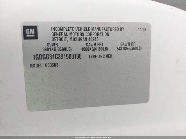 44987276 :رقم المزاد ، 1GDGG31C391900138 vin ، 2009 Gmc Savana Cutaway Work Van مزاد بيع