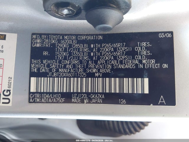 Aukcja sprzedaży 2006 Lexus Gx 470, vin: JTJBT20XX60117325, numer aukcji: 44987278