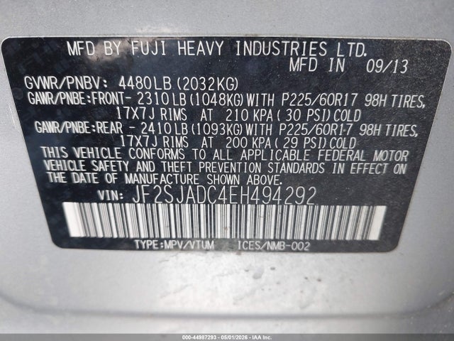 44987293 :رقم المزاد ، JF2SJADC4EH494292 vin ، 2014 Subaru Forester 2.5i Premium مزاد بيع