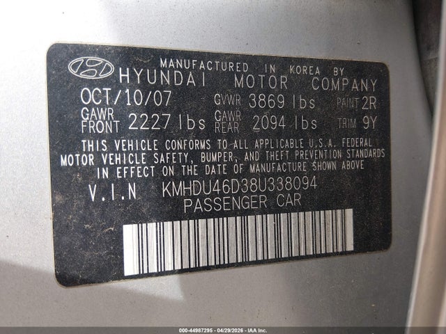 2008 Hyundai Elantra Gls/se მანქანა იყიდება აუქციონზე, vin: KMHDU46D38U338094, აუქციონის ნომერი: 44987295