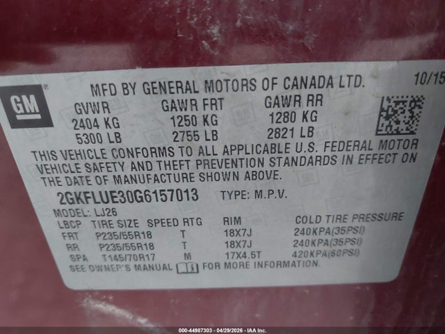 44987303 :رقم المزاد ، 2GKFLUE30G6157013 vin ، 2016 Gmc Terrain Slt مزاد بيع