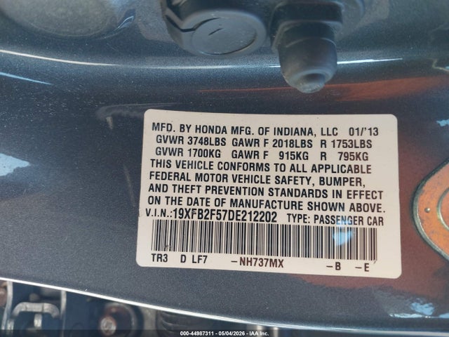 Продаж на аукціоні авто 2013 Honda Civic Lx, vin: 19XFB2F57DE212202, номер лоту: 44987311