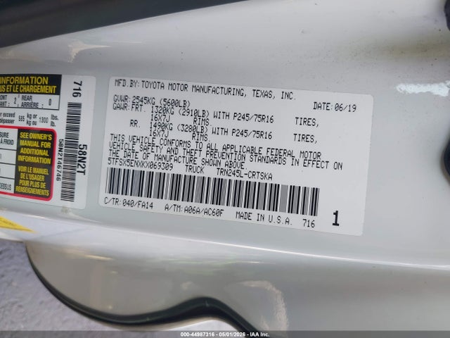 44987316 :رقم المزاد ، 5TFSX5ENXKX069309 vin ، 2019 Toyota Tacoma Sr مزاد بيع