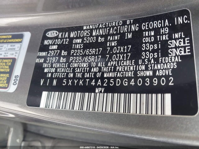 44987318 :رقم المزاد ، 5XYKT4A25DG403902 vin ، 2013 Kia Sorento Lx V6 مزاد بيع