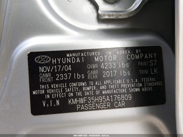 2005 Hyundai Sonata Gls/lx მანქანა იყიდება აუქციონზე, vin: KMHWF35H95A176809, აუქციონის ნომერი: 44987326
