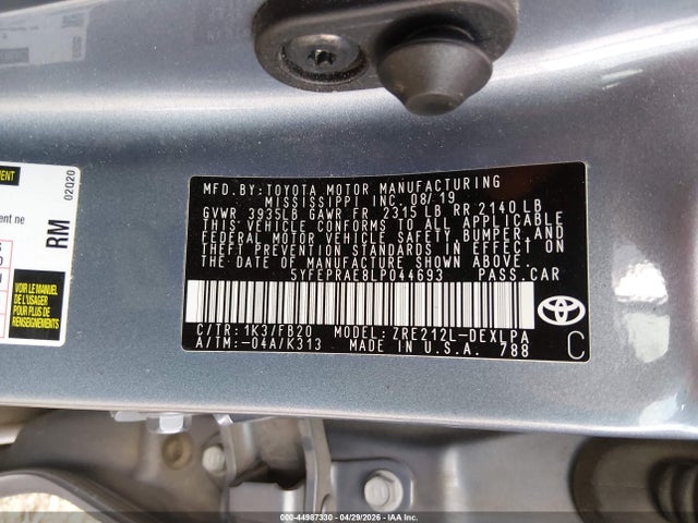 44987330 :رقم المزاد ، 5YFEPRAE8LP044693 vin ، 2020 Toyota Corolla Le مزاد بيع