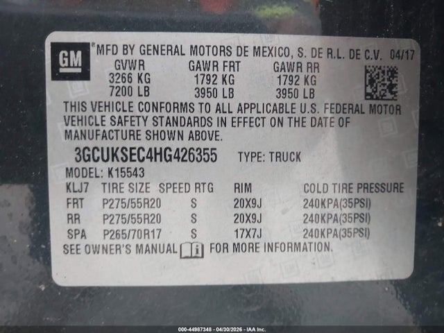 Продаж на аукціоні авто 2017 Chevrolet Silverado 1500 2lz, vin: 3GCUKSEC4HG426355, номер лоту: 44987348