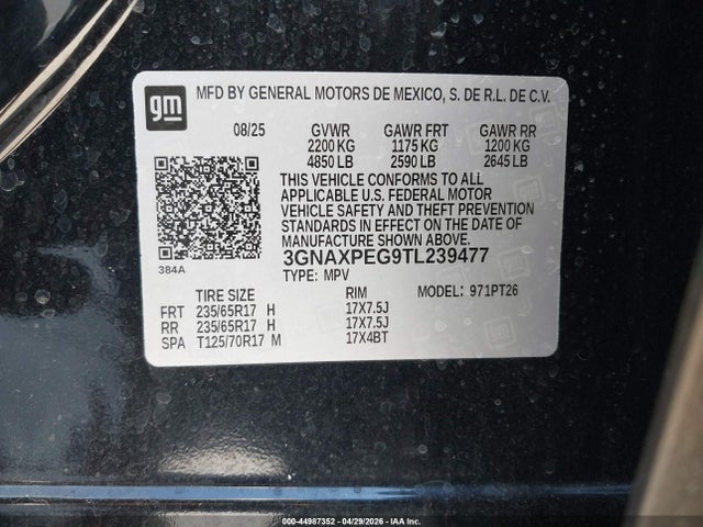 Aukcja sprzedaży 2026 Chevrolet Equinox Awd Lt, vin: 3GNAXPEG9TL239477, numer aukcji: 44987352