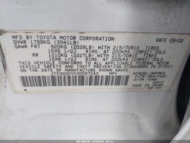 Продаж на аукціоні авто 2003 Toyota Rav4, vin: JTEGH20VX30087243, номер лоту: 44987353