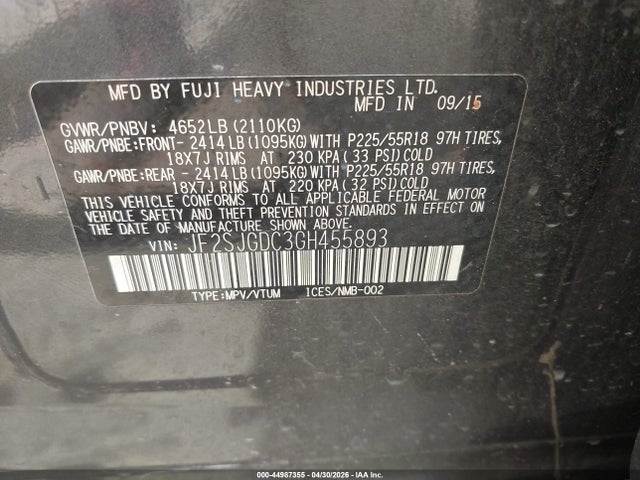 2016 Subaru Forester 2.0xt Premium მანქანა იყიდება აუქციონზე, vin: JF2SJGDC3GH455893, აუქციონის ნომერი: 44987355