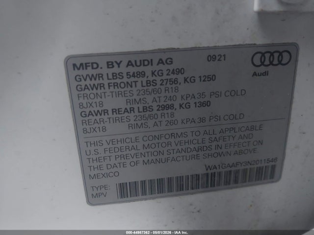 Aukcja sprzedaży 2022 Audi Q5 Premium 45 Tfsi S Line Quattro S Tronic, vin: WA1GAAFY3N2011546, numer aukcji: 44987362