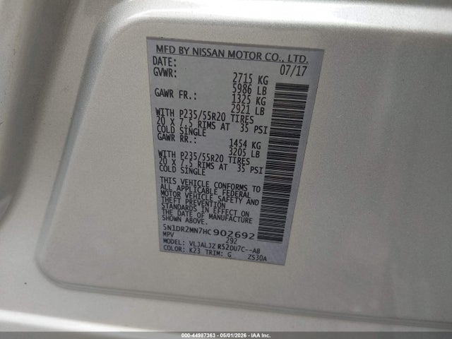 44987363 :رقم المزاد ، 5N1DR2MN7HC902692 vin ، 2017 Nissan Pathfinder Platinum مزاد بيع
