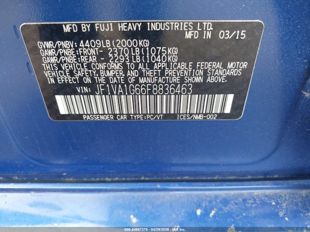 2015 Subaru Wrx Limited მანქანა იყიდება აუქციონზე, vin: JF1VA1G66F8836463, აუქციონის ნომერი: 44987375