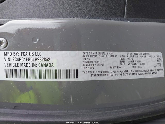 Aukcja sprzedaży 2020 Chrysler Pacifica Touring L Plus, vin: 2C4RC1EG5LR282852, numer aukcji: 44987379
